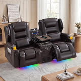 Loveseat Recliner Sofa, Power Reclining Loveseat Sofa Couches with Center Console, Bluetooth Speaker, LED Lights, Cup Holder, PU Leather Wall Hugger Recliners for Living Room, RV, Home Theater, Brown