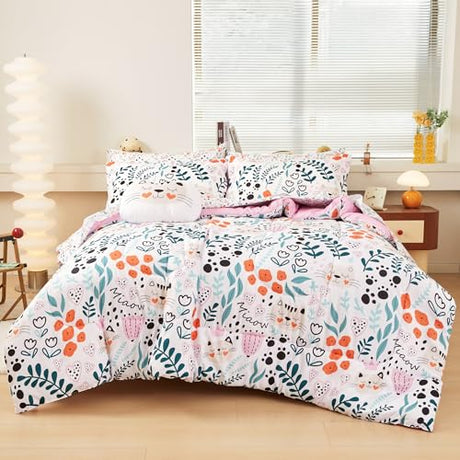 Mooreeke Full Size Comforter Sets for Girls Kids, 8 Pieces Bed in a Bag Flower and Cat Bedding Comforter Sheet Set with Shams and Decorative Toy Pillow, Ultral Soft Microfiber Kids Bed Set Mooreeke