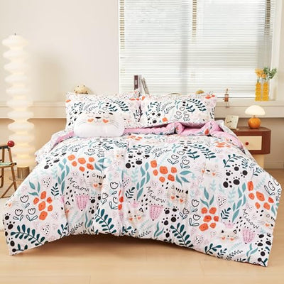 Mooreeke Full Size Comforter Sets for Girls Kids, 8 Pieces Bed in a Bag Flower and Cat Bedding Comforter Sheet Set with Shams and Decorative Toy Pillow, Ultral Soft Microfiber Kids Bed Set