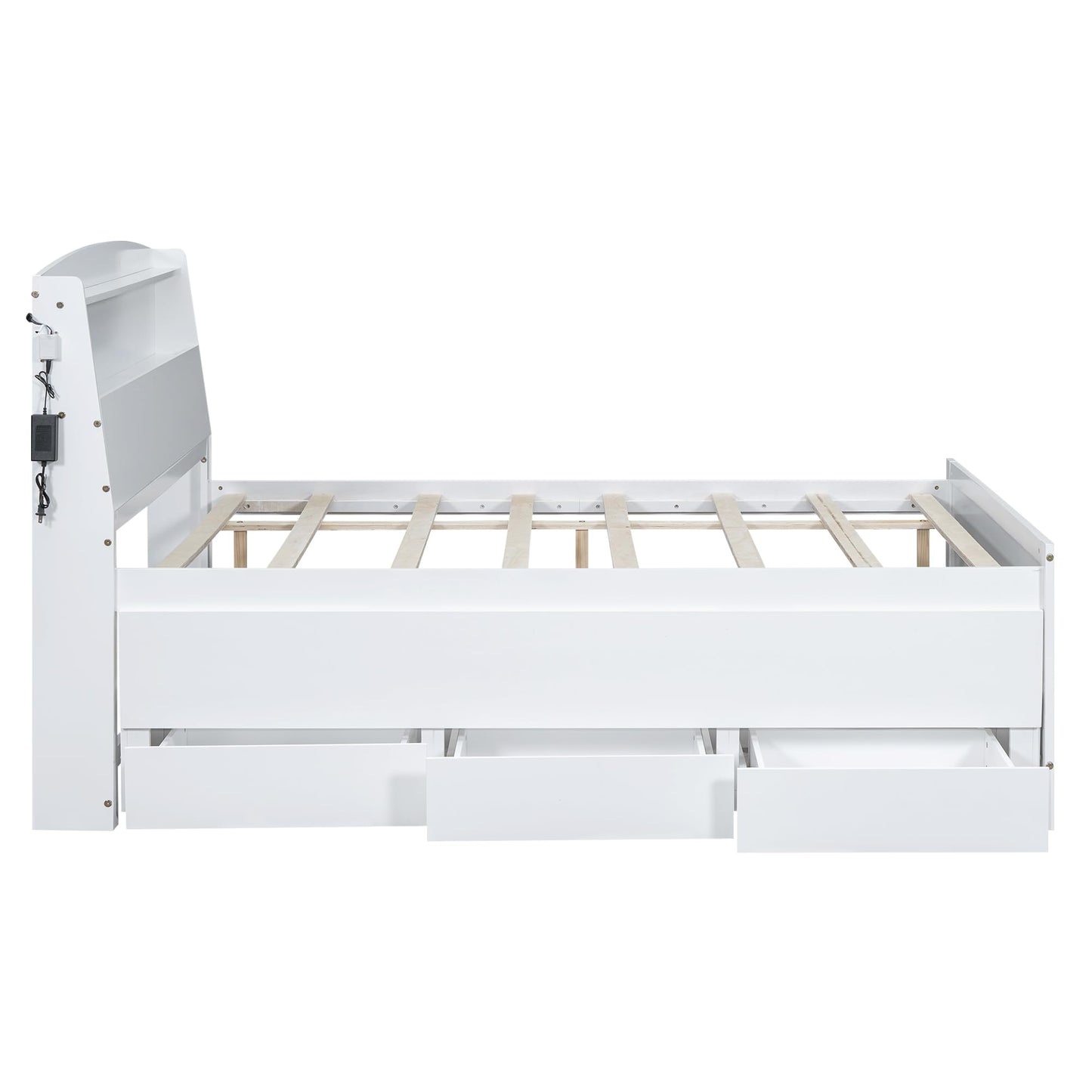 Harper & Bright Designs White Full Size Bed with Trundle, LED Bookcase Headboard and Storage Drawers - WoodArtSupply