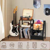 LELELINKY Record Player Stand, Adjustable Guitar Stand for Acoustic Guitar, Electric Guitar, Bass, Turntable Stand with Vinyl Display Shelf Storage Up to 150 Albums,Brown End Table for Music Room LELELINKY