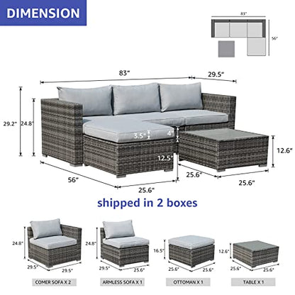 Patiorama 5 Piece Outdoor Patio Furniture Set, Sectional Conversation All-Weather Grey PE Wicker w/Light Cushions, Backyard Porch Garden Poolside Balcony Set - WoodArtSupply