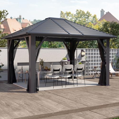 GARTOO 10' x 12' Patio Hardtop Gazebo - Outdoor Metal Hard Top with Breathable Mesh, Galvanized Steel Top Gazebo for Garden, Lawn, Outdoor Party (Black) GARTOO