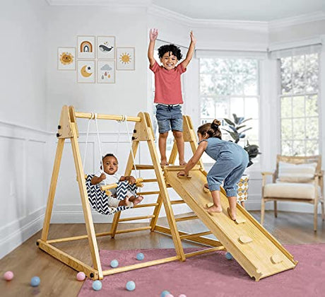 Avenlur 4-in-1 Juniper Indoor Play Gym - Jungle Gym Playset with Baby Swing, Slide, Ladder, and Climbing Wall - Foldable Wooden Playset - Indoor Jungle Gym for Kids Ages 18mo to 6yrs Avenlur
