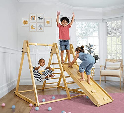 Avenlur 4-in-1 Juniper Indoor Play Gym - Jungle Gym Playset with Baby Swing, Slide, Ladder, and Climbing Wall - Foldable Wooden Playset - Indoor Jungle Gym for Kids Ages 18mo to 6yrs