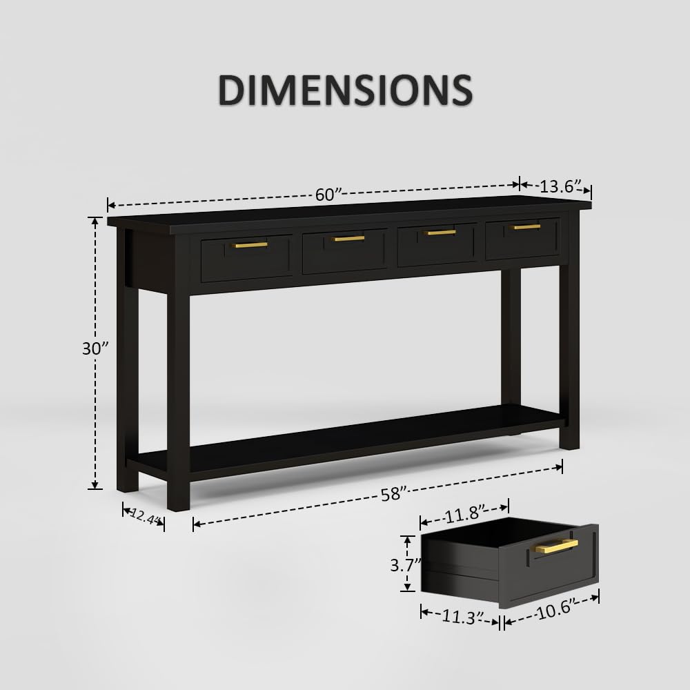 HLXZN Console Table for Entryway, 60 Inch Sofa Table w/4 Drawers and Bottom Shelf Narrow Long Hallway Table for Living Room Entryway Home, Black HLXZN