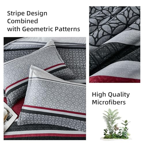 WONGS BEDDING 7 Pieces Comforter Set Queen Size, Black-red Striped Bed in a Bag Comforter and Sheet Set, Black Boho Soft Lightweight Micorfiber Bedding Set for All Season (90"×90") WONGS BEDDING