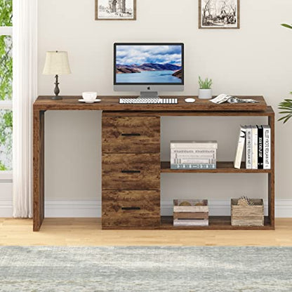 HSH L Shape Home Office Desk with Drawers, L-Shaped Computer Desk with Storage Cabinet Shelves, Wood Executive Desk for Writing Work, Reversible Study Table in Bedroom Living Room, Rustic Brown, 55 In