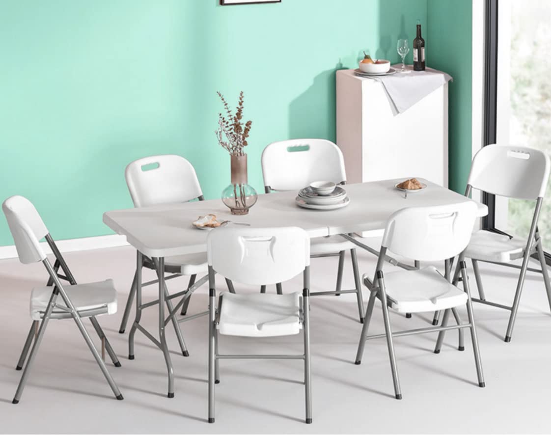 Go-Trio 6 Foot Folding Table 6ft Foldable Portable Plastic Tables for Party, Fold-in-Half Heavy Duty Table, 6’ Utility Dining Card Long Table, Indoor Outdoor Fold up for Picnic, Camping, White, Large Go-Trio