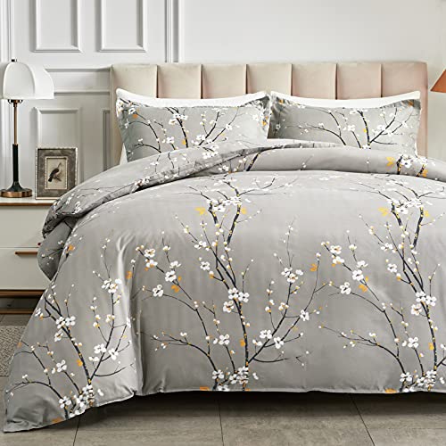 UOZZI BEDDING Gray Twin Size Duvet Cover Set with 2 Pillow Shams-Gray Branch Style 800 TC Zipper Closure 4 Corner Ties Adult Men Women Style Dots Floral White Tree Style Reversible Design UOZZI BEDDING