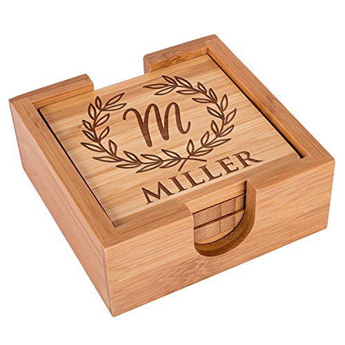 Personalized Coasters, Set of 4 w/Holder - Custom Bamboo Coaster for Drinks - 14 Designs - 4" x 4" - Wedding Gifts for The Couples, Bridal Shower Gifts, Coaster Set with Holder Be Burgundy