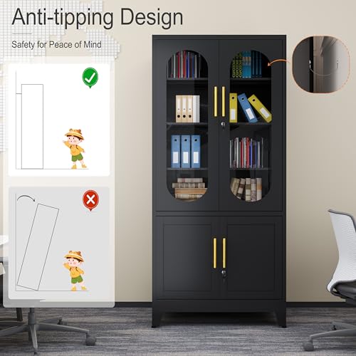 GAIOUS Metal Storage Cabinet with 2 Glass Doors, 71" Tall Lockable Cabinet with Adjustable Shelves, Black Steel Versatile Storage Cabinets for Home Office Garage Gym School GAIOUS