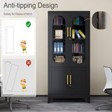 GAIOUS Metal Storage Cabinet with 2 Glass Doors, 71" Tall Lockable Cabinet with Adjustable Shelves, Black Steel Versatile Storage Cabinets for Home Office Garage Gym School GAIOUS