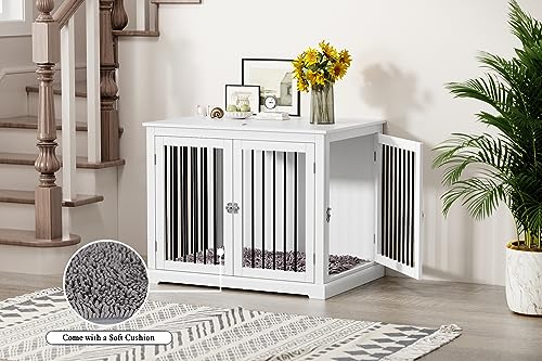 PUPETPO Dog Crate Furniture with Cushion, Dog Crate End Table Large, Indoor Dog Kennel, Dog House, Dog Cages for Large Dogs, Furniture Style Dog Crate with Flip-top, Chew-Proof Metal Bars, White PUPETPO