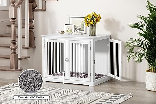 PUPETPO Dog Crate Furniture with Cushion, Dog Crate End Table Large, Indoor Dog Kennel, Dog House, Dog Cages for Large Dogs, Furniture Style Dog Crate with Flip-top, Chew-Proof Metal Bars, Wh - WoodArtSupply