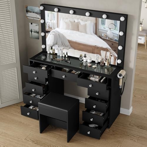 Yanosaku Vanity Desk & Power Outl, Makeup Vanity with Mirror and 12 LED Lights, Makeup Table with 11 Drawers, Vanity Table with Chair，Vanity Set 3 Lighting Modes Brightness Adjustable(Black) - WoodArtSupply