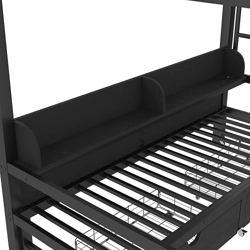 Bellemave Metal Full Over Full Size Bunk Bed Frame with Storage Drawers and Shelves,Heavy Duty Kids Bunk Beds with LED Lights and Charging Station for Teens,Adults,Convertible into a Sofa Bed,Black Bellemave