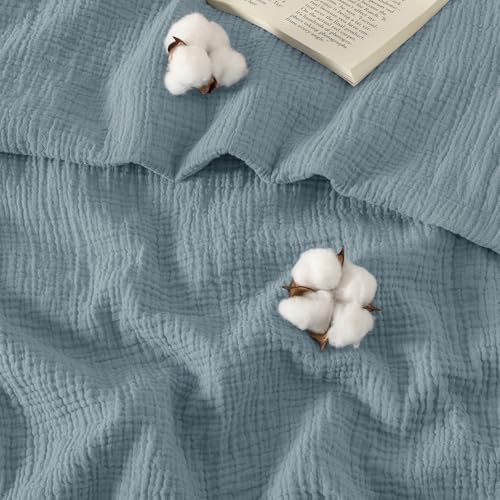 PHF 100% Natural Cotton Muslin Duvet Cover Set King Size, Ultra Soft Breathable Absorbent, Luxurious Minimalist Gauze Bedding for All Season, Duvet Set with 2 Pillow Shams, 104" x 90", Dusty Blue PHF