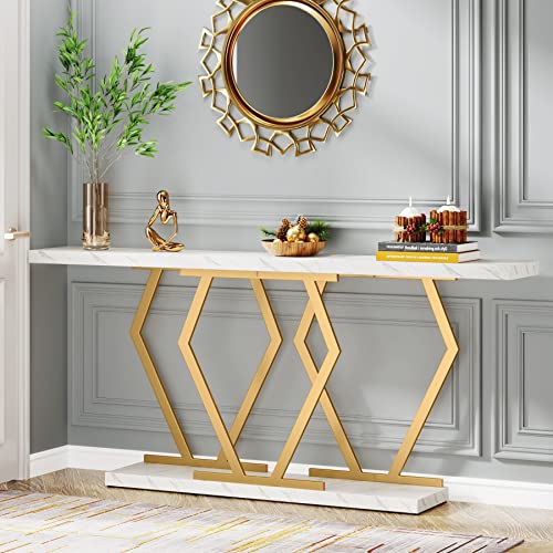 Tribesigns 70.9 Inch Extra Long Sofa Table， White and Gold Console Table with Faux Marble Tabletop, Modern Long Entryway Table with Gold Frame - WoodArtSupply