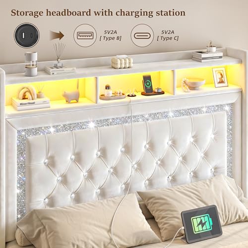 Homkdom Floating Bed Frame Queen with LED Lights & Charging Station, Upholstered Queen Bed Frame with Tall Velvet Storage Headboard, Heavy Duty Metal Slats/No Box Spring Needed/No Noise, Modern,Beige Homkdom