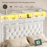 Homkdom Floating Bed Frame Queen with LED Lights & Charging Station, Upholstered Queen Bed Frame with Tall Velvet Storage Headboard, Heavy Duty Metal Slats/No Box Spring Needed/No Noise, Modern,Beige Homkdom