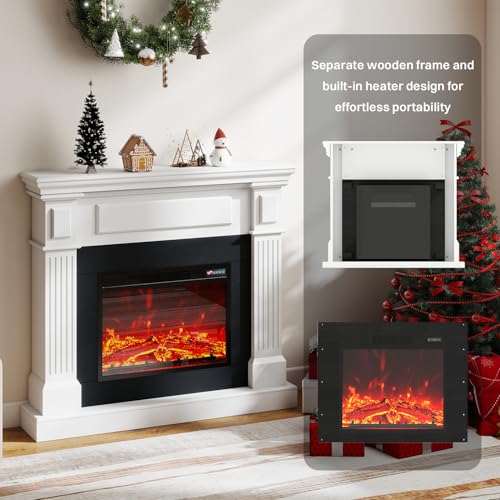 43" Electric Fireplace with Mantel | 1400W Freestanding Electric Fireplaces | Highly Realistic 3D Flame | 50-90℉ AdjustableTemp | Button & Remote Control White Fireplace Mantel | 43" Wx11 Dx40 H FODINGHILL