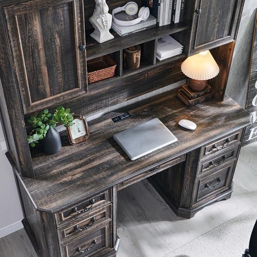 T4TREAM 59" Farmhouse Executive Desk with Hutch,Wood Home Office Computer Desk, Featuring Keyboard Tray,Charging Station,File Drawer, Storage Cabinet,for Work and Study (Dark Rustic Oak) T4TREAM
