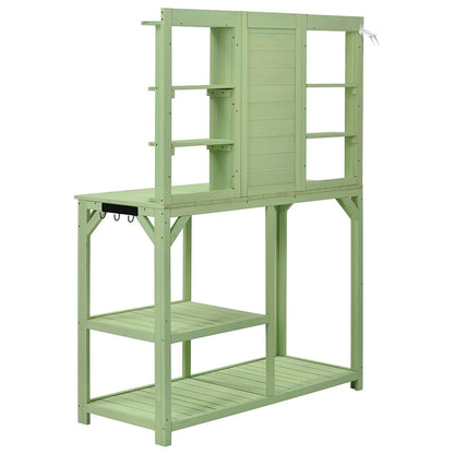 PZFYYRFP 64.6"" Large Outdoor Potting Bench Table, Wooden Garden Workstation with 6-Tier Storage Shelves, Large Metal Tabletop, and Side Hook for Mudroom, Backyard, Patio, Green (Green), White