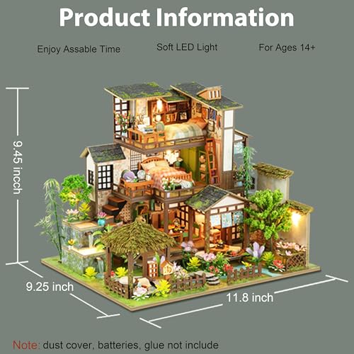 ISSEVE DIY Miniature House Kit, Tiny House Dollhouse Kit for Adults, Mini House Building Kits, Miniature Kit Adult Craft Diorama Kit Home Bookshelf Decoration, Birthday Gifts (Bamboo Spring Courtyard)