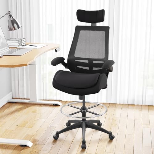 WITTLONG 400lbs Ergonomic Drafting Tall Office Chair for Adjustable Standing Desk with Flip-Up Arms, Headrest (with Footring, Black) WITTLONG