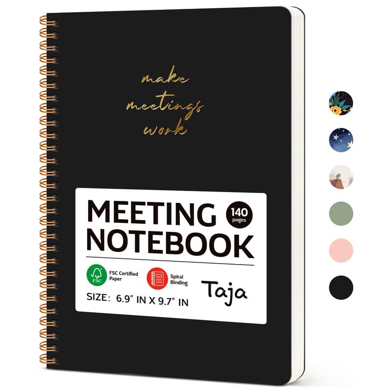 Taja Meeting Notebook for Work Organization - Work notebook with action items, Meeting Minutes Planner Notebook, Perfect Office Supplies for Men & Women - Black Taja
