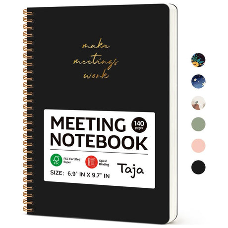Taja Meeting Notebook for Work Organization - Work notebook with action items, Meeting Minutes Planner Notebook, Perfect Office Supplies for Men & Women - Black Taja