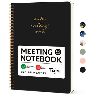 Taja Meeting Notebook for Work Organization - Work notebook with action items, Meeting Minutes Planner Notebook, Perfect Office Supplies for Men & Women - Black