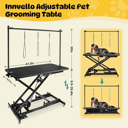 Innvello 49.2" Electric Grooming Table for Large Dogs, Foldable Hydraulic Height Adjustable Home Indoors with Overhead Grooming Arm, Clamps, Foot Control and 3 Nooses Suitable for Cat&Dog/Black