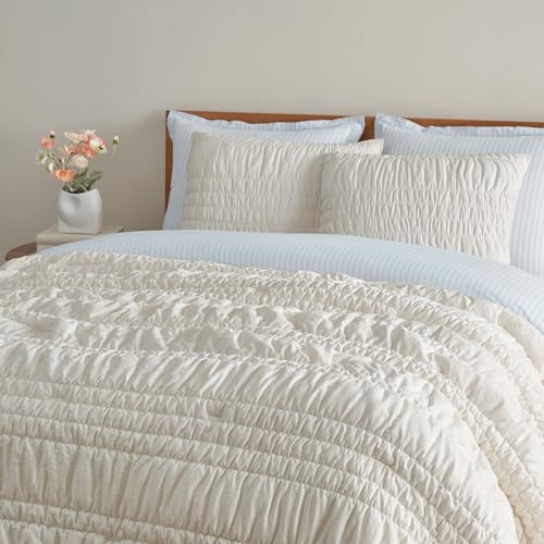 UGG Full/Queen Quilt Set - 3pc Bed Spread with 2 Pillow Shams, All Season Luxury Bedding, Lightweight Quilted Soft Textured Comforter, Cozy Coastal Queen Quilt Set, Beige Snow (Tide Devon) UGG