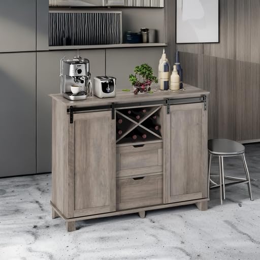 HOSTACK Farmhouse Buffet Sideboard, Coffee Bar Cabinet with Storage, Liquor Wine Cabinet with Sliding Barn Doors, Accent Storage Cabinet for Kitchen, Ash Grey - WoodArtSupply