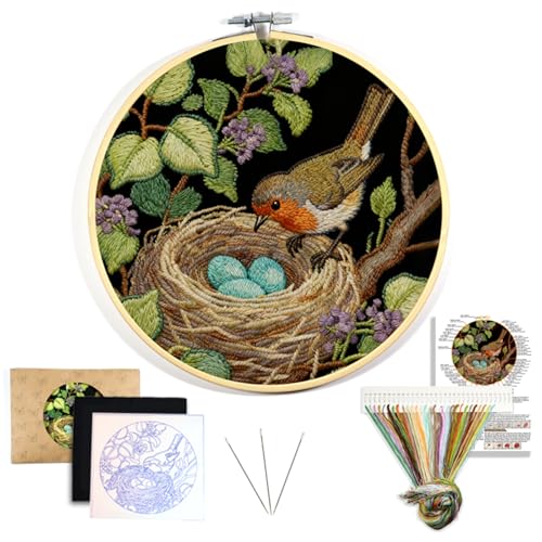 GOLDEN SMILE Robin Embroidery Starter Kit (8" Bamboo Hoop, 3 Needles & Ample Thread Included) - Water-Soluble Nest Pattern, Video Tutorials for Beginners - Create a Symbol of Hope & Warmth