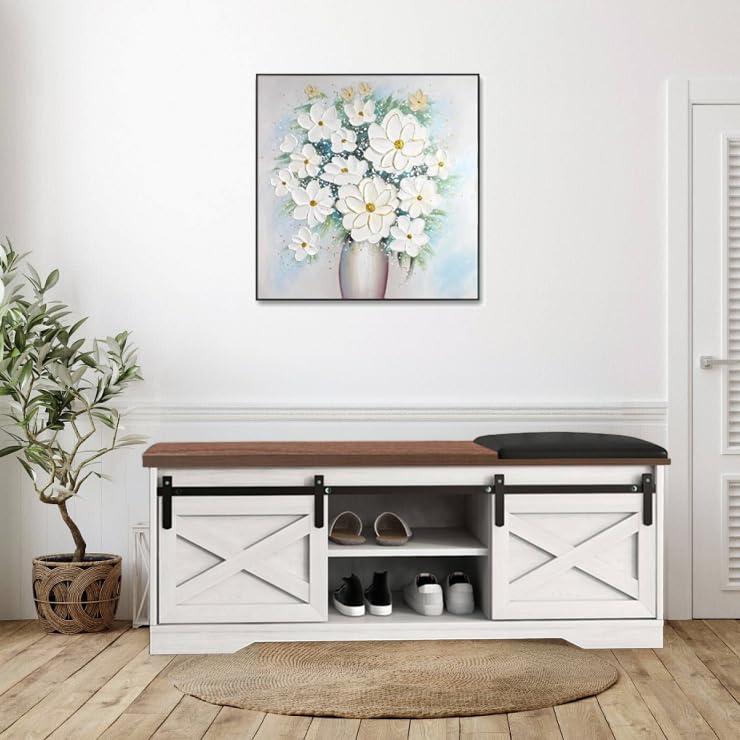 IDEALHOUSE 47'' Farmhouse Shoe Storage Bench with Padded Seat Cushion, End of Bed Entryway Bench with 2 Barn Doors, Adjustable Shelf for Entryway, Living Room, Bedroom White IDEALHOUSE