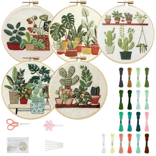 FREEBLOSS 5 Pack Embroidery Kit for Beginners Tropical Potted Plants Stamped Embroidery Starter Kit with Instruction Cross Stitch Needlepoint Kits for Crafts Adults with 2 Hoops 20cm/7.9inch