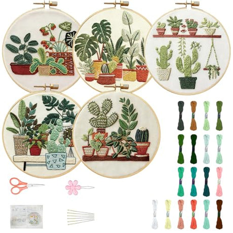 FREEBLOSS 5 Pack Embroidery Kit for Beginners Tropical Potted Plants Stamped Embroidery Starter Kit with Instruction Cross Stitch Needlepoint Kits for Crafts Adults with 2 Hoops 20cm/7.9inch FREEBLOSS