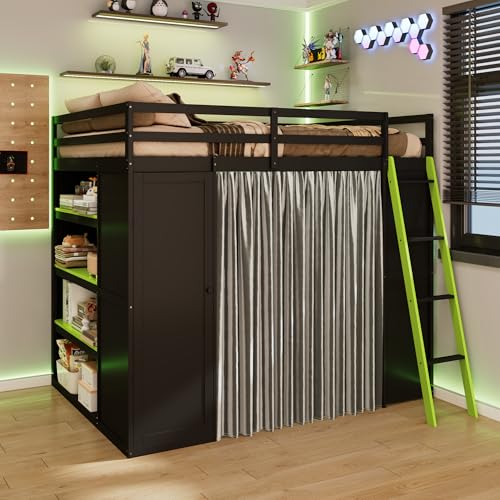 Linique Full Size Gaming Loft Bed with Desk, LED Lights and Charging Station, Wood Loft Bed Frame with Wardrobe, Open Shelves, Blackout Curtains, for Kids Teens Adults, Black+Green Linique
