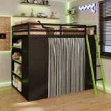 Linique Full Size Gaming Loft Bed with Desk, LED Lights and Charging Station, Wood Loft Bed Frame with Wardrobe, Open Shelves, Blackout Curtains, for Kids Teens Adults, Black+Green Linique