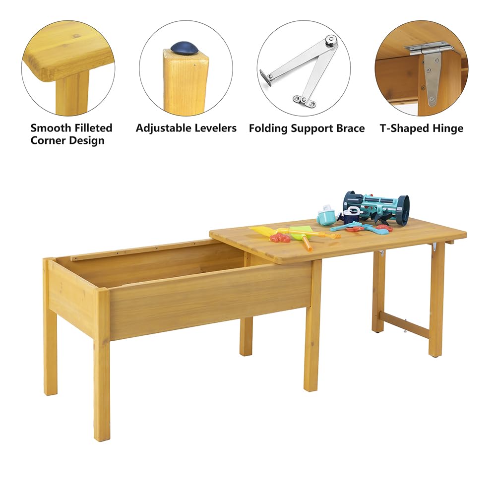 BIRASIL Wooden Kids Sensory Tables with Folding Lid, Activity Table for Children, Elevated Play Tables with Storage for Indoor Outdoor, Yellow BIRASIL
