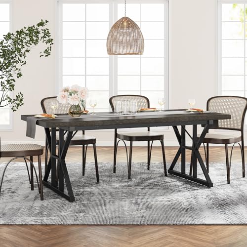 Tribesigns Farmhouse Dining Table for 6 People, 70.8-Inch Rectangular Wood Dining Table, Rustic Kitchen Table with Heavy Duty Metal Legs for Dining Room (Black, 70.8 Inch) Tribesigns