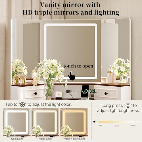 GRUTEUNIT Corner Vanity Desk with Mirror and Lights,Makeup Vanities with Power Outlet and 6 Drawers, 3 Light Settings, Dimmable for Women Girls, Bedroom, White GRUTEUNIT