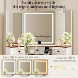GRUTEUNIT Corner Vanity Desk with Mirror and Lights,Makeup Vanities with Power Outlet and 6 Drawers, 3 Light Settings, Dimmable for Women Girls, Bedroom, White GRUTEUNIT