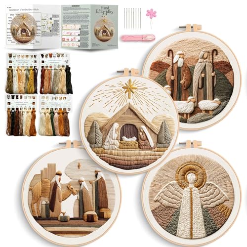 REEWISLY 4set Christmas Embroidery Kit for Adults Beginners, 4 Nativity Scenes with 2 Hoops, Counted Cross Stitch Kits with Floss & Needles, Beginner Embroidery Starter Kit for Handmade Holiday Decor