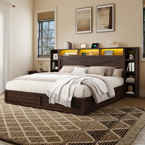 AMERLIFE 45'' Farmhouse King Bed Frame with 4 Drawers, LED Bed Frame with Bookcase Headboard & Side Shelves, Wood Platform Bed with Charging Station, Walnut AMERLIFE