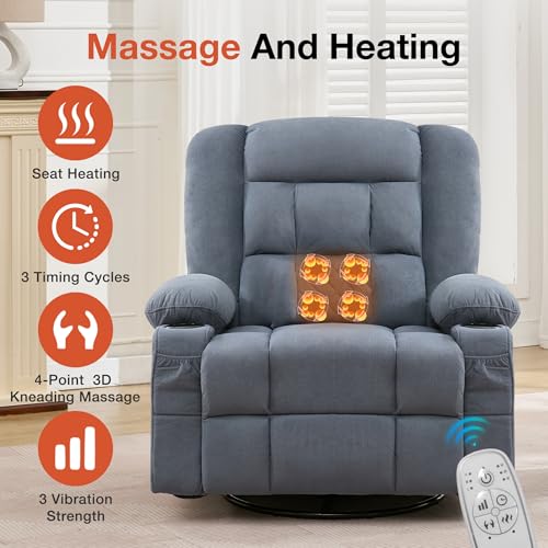 Rocker Recliner Chair with Heating and Kneading Massage for Adults,360°Swivel Rocker Recliner with Cup Holder and USB Charge Port for Living Room,Bedroom, Nursery