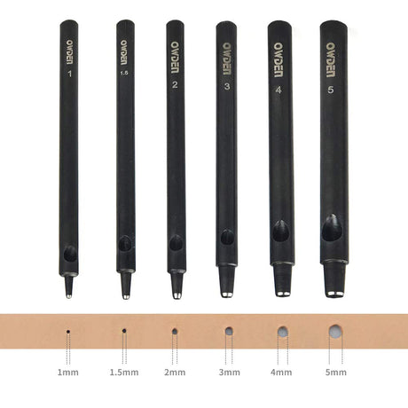 OWDEN Professional 6pc Leather Hollow Punch Set, Size 1.0-5.0mm, Black, Steel, Manual, 6 Holes, Free Mini Cutting Mat OWDEN